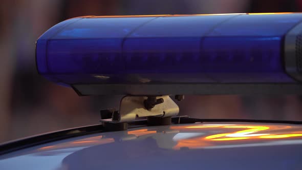 Flashing Flasher on the Roof of a Police Car at Night. Blinker. alt
