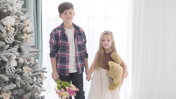 Portrait of Brunette Caucasian Boy and Girl with Long Hair Standing Next To the Christmas Tree. Guy alt