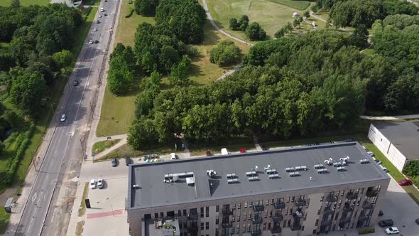 Aerial View, Apartment Building and Green Park in Suburbia of Kaunas, Lithuania alt