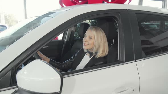 Happy Woman Showing Thumbs Up Sitting in Her New Car alt