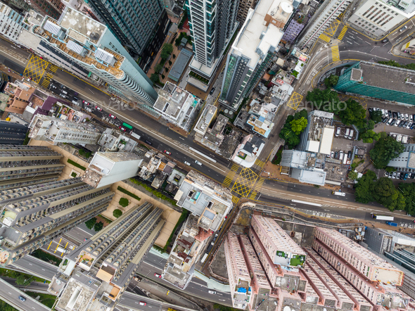 Hong Kong 08 February 2022: Top view of Hong Kong city in Sheung Wan - Stock Photo - Images