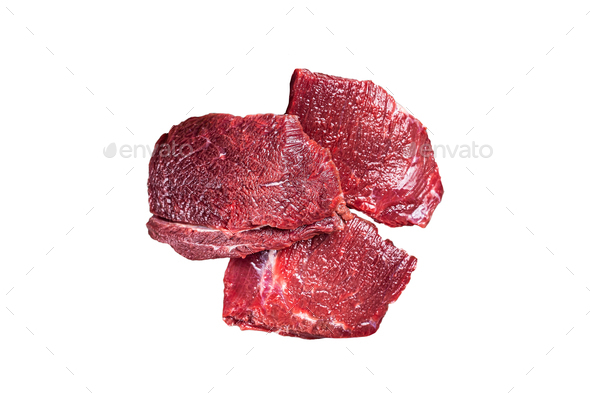 Raw Venison dear meat on butcher cutting board, game meat. Isolated on white background.