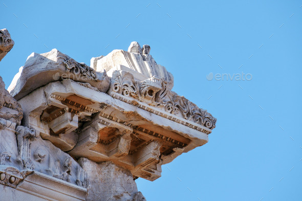 Selective focus close up temple Pergamon Acropolis Ruins in Izmir, Turkey. - Stock Photo - Images