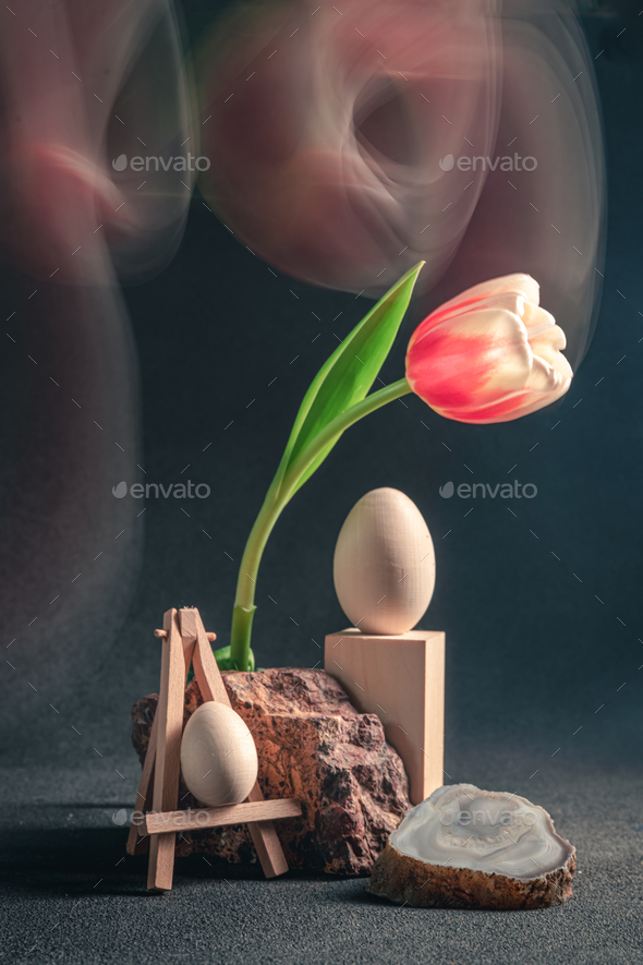 concept spring. freakebana. red-white tulip and Easter eggs. easter concept. - Stock Photo - Images