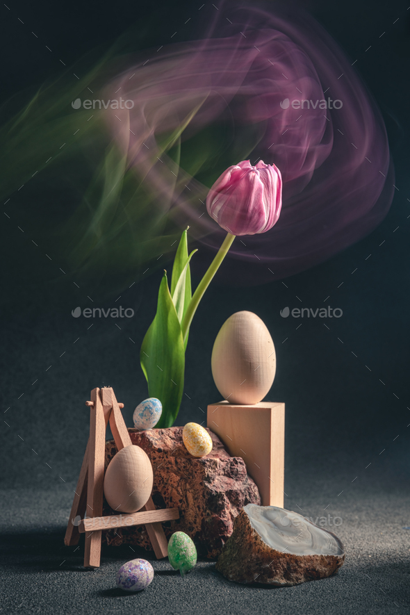 concept spring. freakebana. purple tulip and Easter eggs. easter concept. - Stock Photo - Images