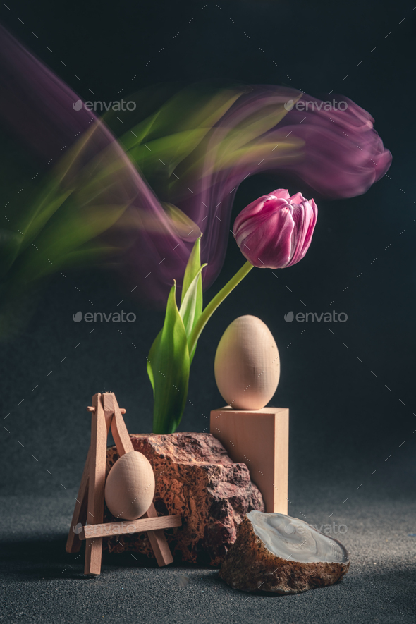 concept spring. freakebana. purple tulip and Easter eggs. easter concept. - Stock Photo - Images