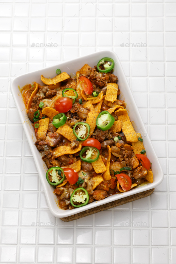 homemade frito pie in a casserole - Stock Photo - Images