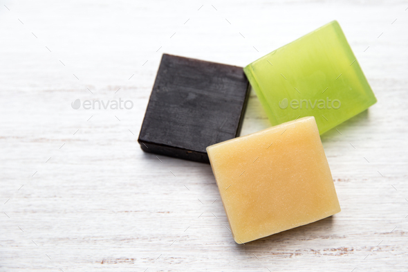 Top view of colorful bars of organic different natural soap  - Stock Photo - Images