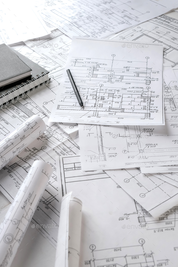 Architects concept, engineer architect designer freelance work on start-up project drawing, construc - Stock Photo - Images