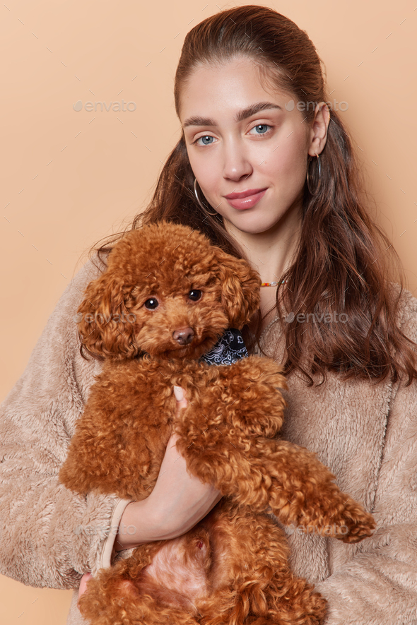 Vertical shot of dark haired young European woman poses with poodle dog going to have walk during - Stock Photo - Images