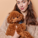 Vertical shot of dark haired young European woman poses with poodle dog going to have walk during - PhotoDune Item for Sale