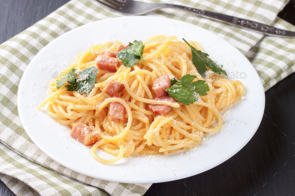 Pasta Carbonara Served On A White Plate. - Stock Photo - Images