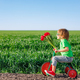 Happy child holding flowers against blue sky background - PhotoDune Item for Sale