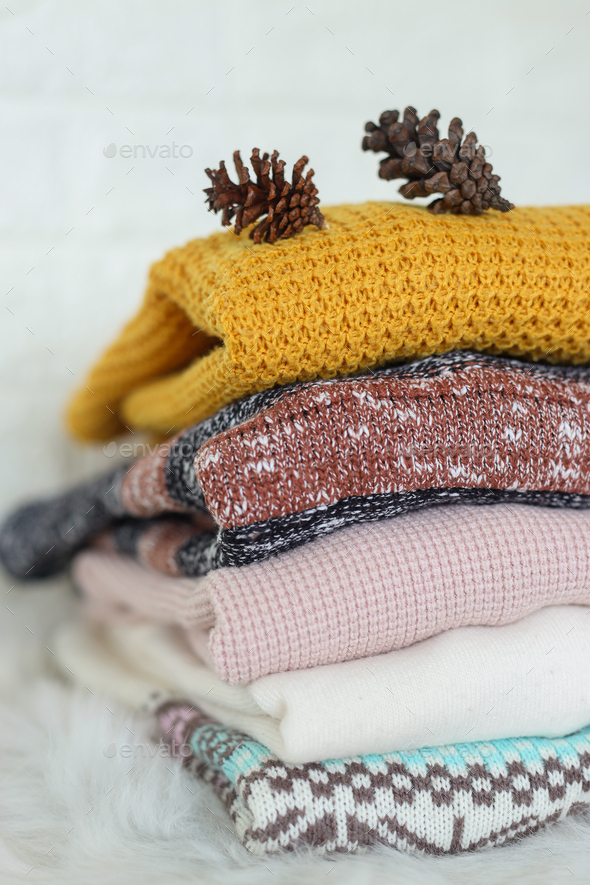 Stack of folded sweater for winter