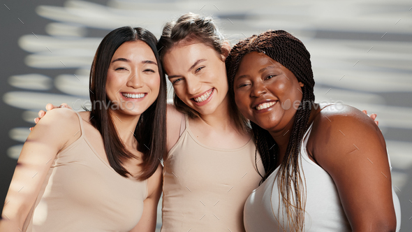 Diversity Women, Celebration and Body Portrait of Friends Group