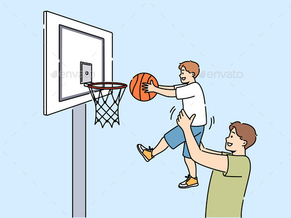 Smiling Father Play Basketball with Son