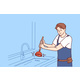 Man Plumber is Dressed in Overalls Uses Plunger 