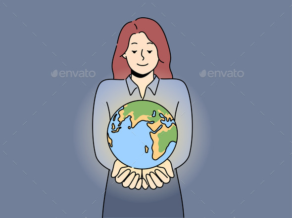 Smiling Woman with Planet Earth in Hands