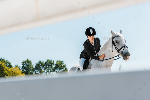 view through fence on attractive female equestrian riding and palming horse at horse club