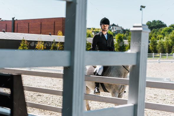view through fence on handsome male equestrian riding horse at horse club and looking at camera