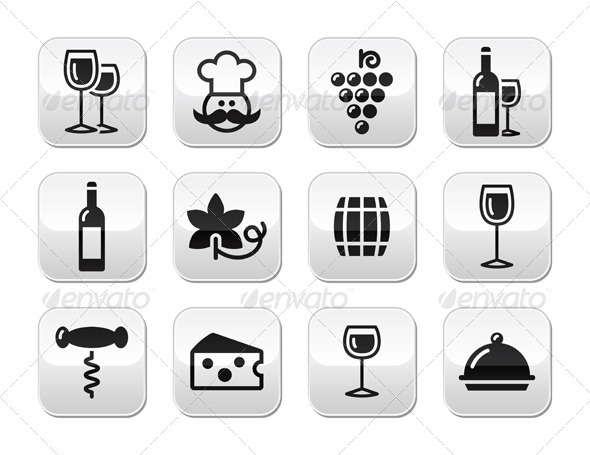 Wine and Food Buttons Set - Food Objects