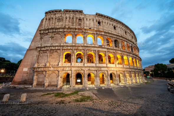 Panoramic view of Colosseum in the blue hour before sunrise - Stock Photo - Images