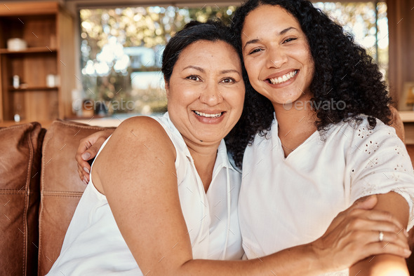 Woman portrait, senior mom selfie and smile of family on a living room sofa with happiness and bond - Stock Photo - Images