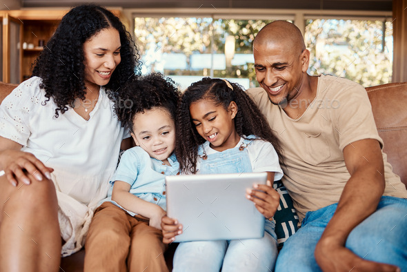 Tablet, happy family and kids with online video, movies or cartoon together for love, learning or b - Stock Photo - Images