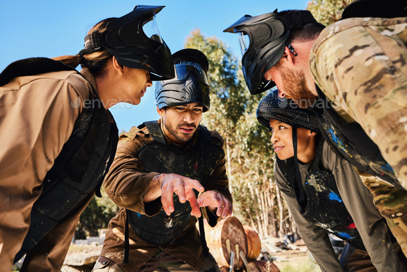 Mission, paintball or people in huddle planning strategy, teamwork or soldier training on war battl - Stock Photo - Images