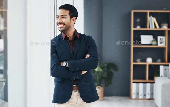 Looking out window, business vision and happy man smile for startup company, entrepreneurship or co
