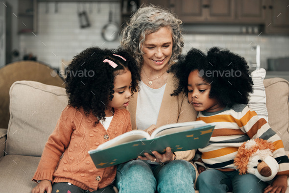 Family children, book and grandma reading fantasy storybook, story or bond on home living room sofa