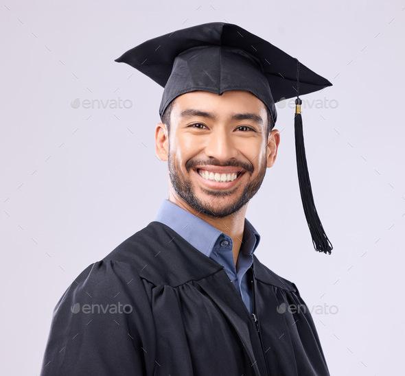 Smile, graduation and portrait of man in studio for education, college and academic success. Happy,