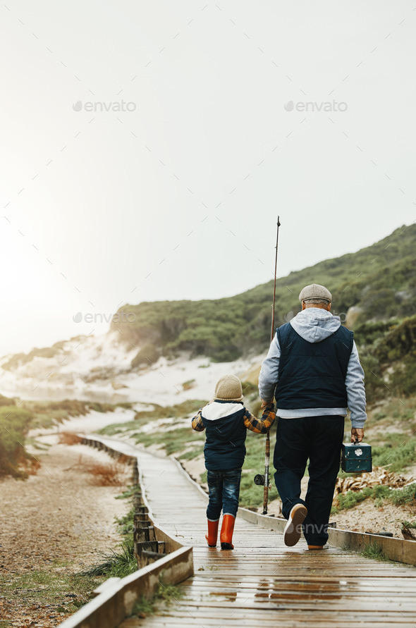 Walking, fishing and grandfather with child outdoor for lesson, leisure activity or hobby. Travel,