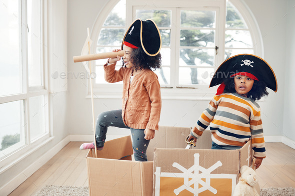 Pirate, box and games with children in living room for playful, creative and imagine. Fantasy, rela
