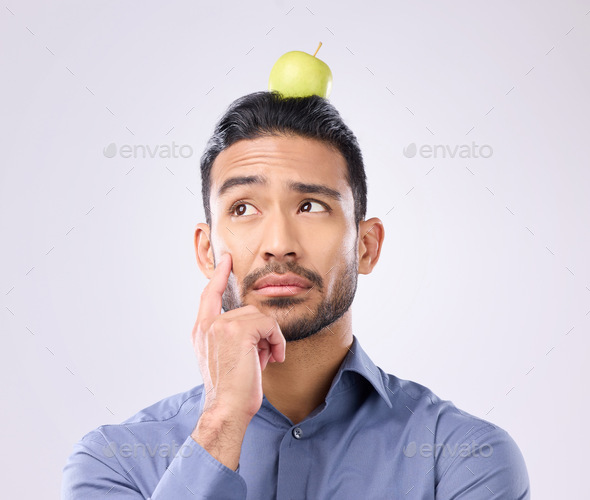 Apple, head balance and man thinking of fruit product choice for weight loss diet, healthcare food