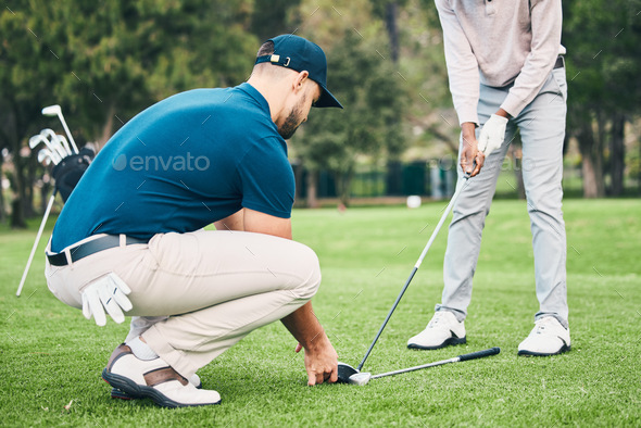Teaching, golf lesson and sports coach help man with swing, driver or stroke outdoor. Coaching, cou