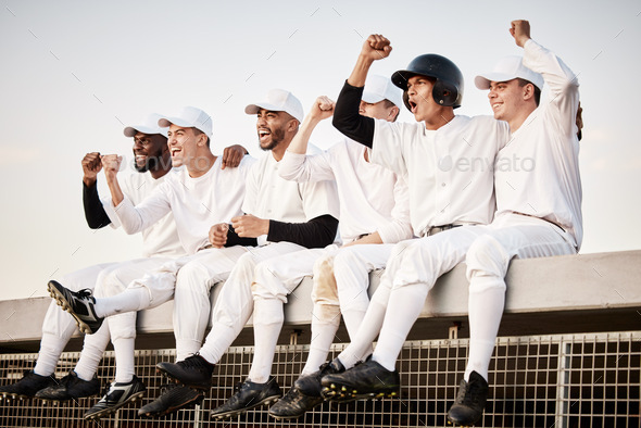 Baseball, team and winner with fist pump and happy men, athlete group and fitness collaboration wit