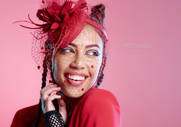 Punk, rock and mockup of a young woman with creative, designer fashion or edgy  clothing. Thinking, Stock Photo by YuriArcursPeopleimages