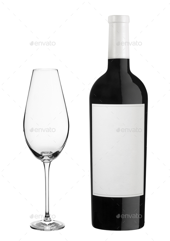 wine bottle with glass isolated on white - Stock Photo - Images