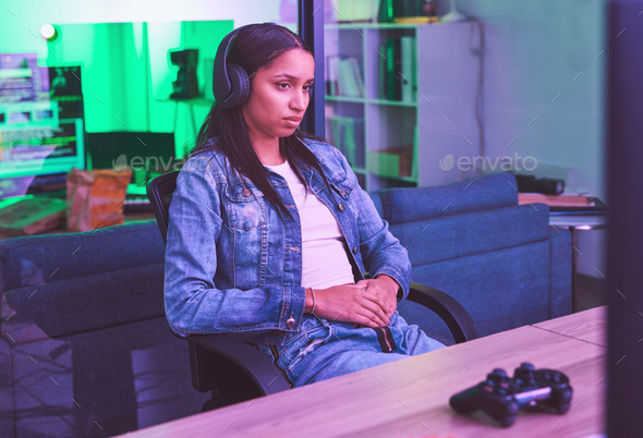 Woman, headphones or gaming loss in neon home with bored, tired or annoyed face expression in PC es