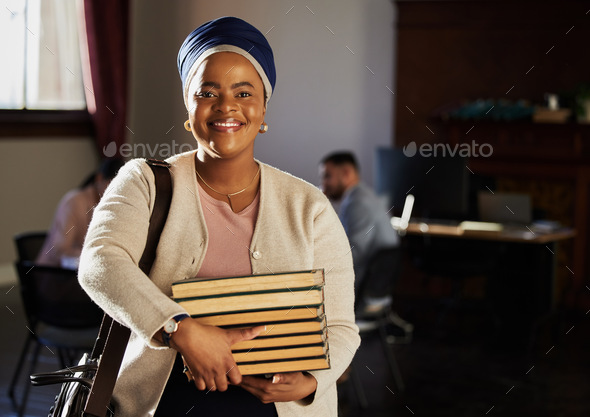 Law books, happy portrait and woman research legal work, office consultation or justice career stud - Stock Photo - Images