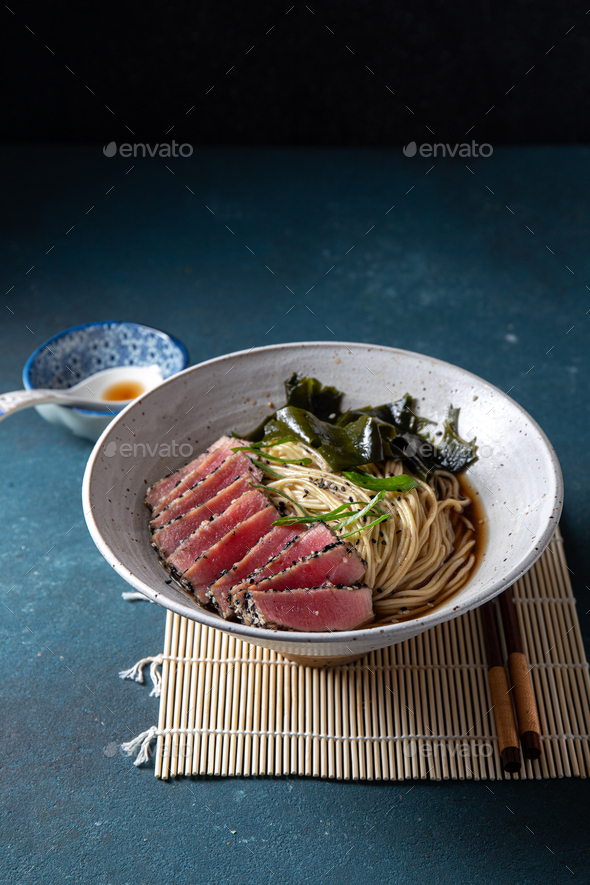 Tuna steak ramen. Japanese soup with noodles ramen, miso, fried tuna
