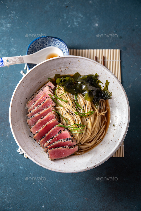 Tuna steak ramen. Japanese soup with noodles ramen, miso, fried tuna