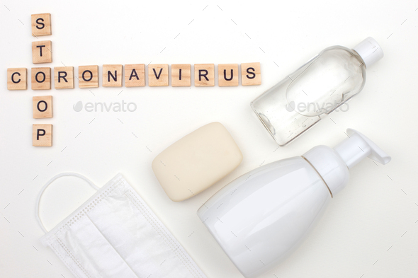 bottle of antibacterial soap and bottle antibacterial gel for hands, bar of soap, medical mask