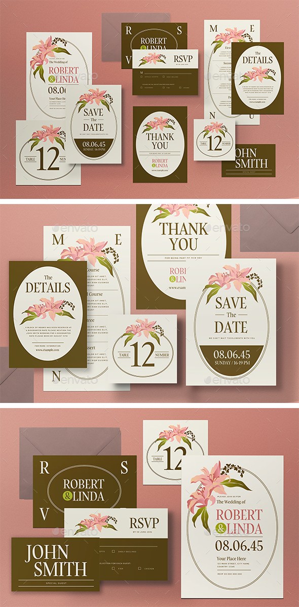 Cream Botanical Wedding Invitation Set