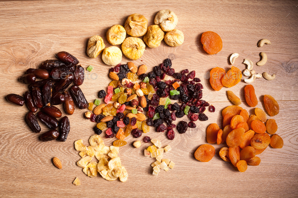 Mix of dried nuts and fruits - Stock Photo - Images