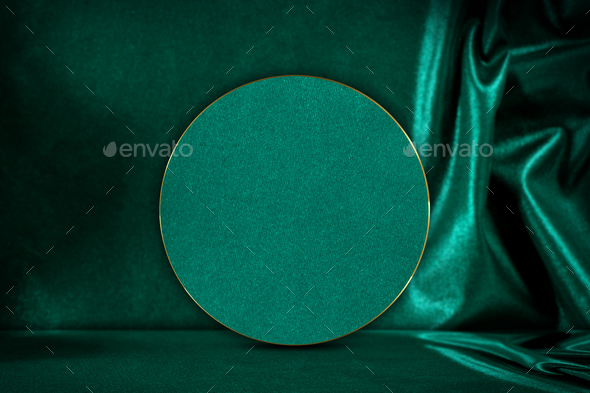 Products Background Circle Green Podium Partition on Cloth Table Counter Bar - Stock Photo - Images