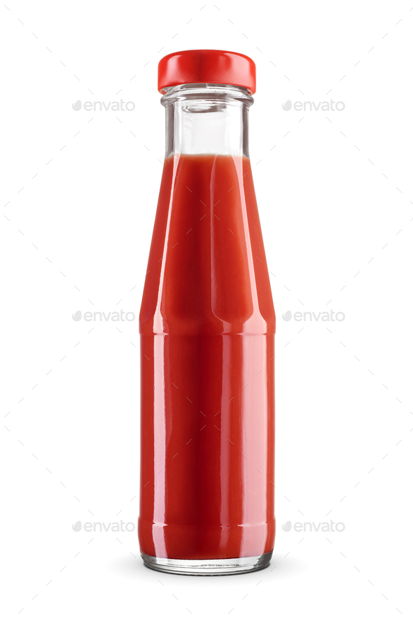 Glass bottle of red tomato ketchup isolated on white with clipping path. Popular condiment. - Stock Photo - Images