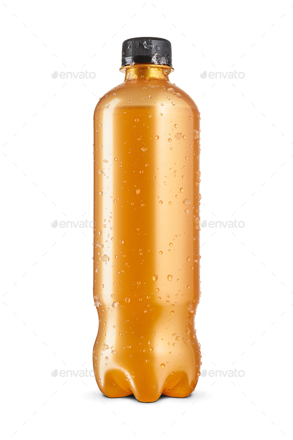 Energy drink in golden orange bottle with water condensation and ice crystals isolated on white. - Stock Photo - Images