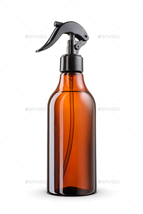 Amber brown blank plastic trigger sprayer detergent bottle isolated on white background. - Stock Photo - Images